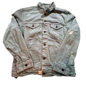 Levis Men Sage Green Denim Trucker Jacket Size L Distressed Light Wash Button Up